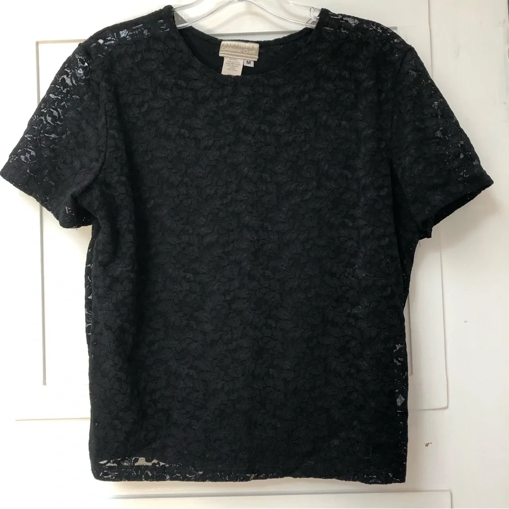 Coldwater Creek black stretch lace short sleeve crew neck partial lined M - Picture 1 of 7